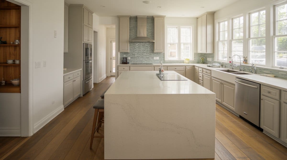 Soft gray cabinets with a dramatic white quartz waterfall island and tile backsplash