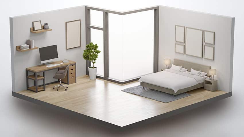 3D bedroom with desk