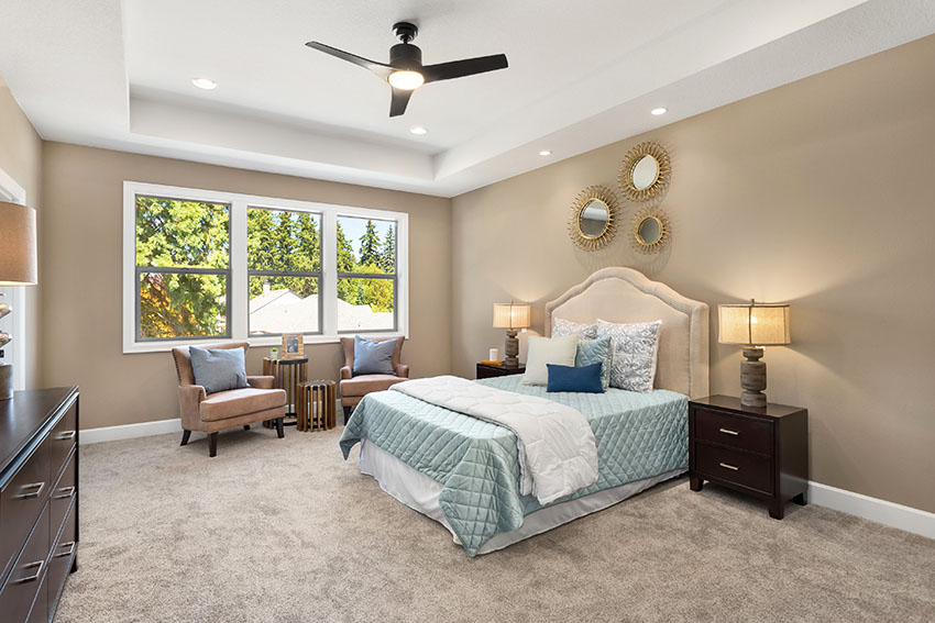 Bedroom with brown paint ceiling fan lamp shades coved ceiling