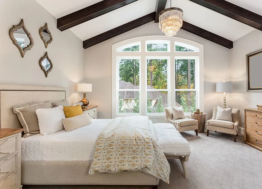 Bedroom With Cathedral Ceiling Chandelier Double Hung Windows Is .webp
