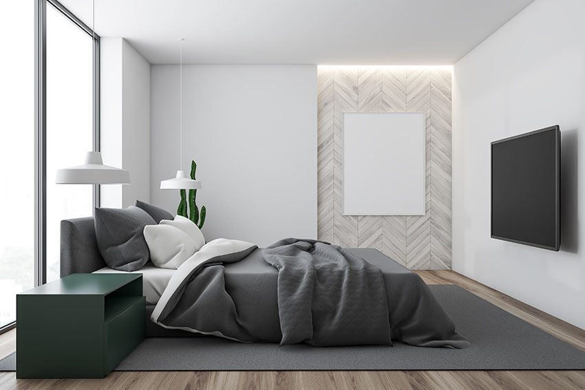 Elegant room with gray paint gray rug pendant lights tv