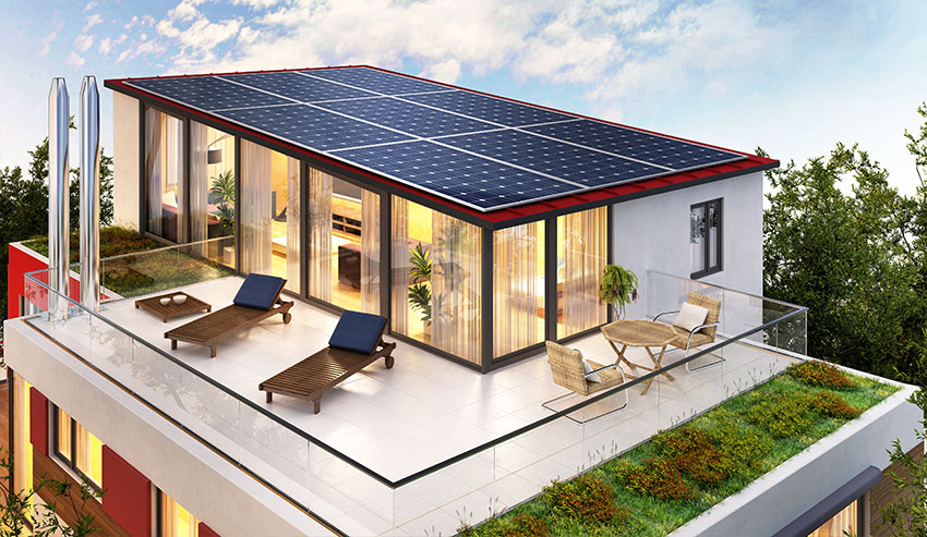 House roof with solar panels picture windows sliding doors