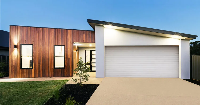 Modern house with flat roof wooden wall accent lights