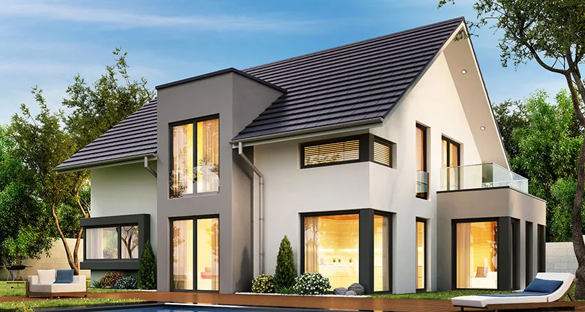 Modern house with shingle roofing beige and gray paint picture windows