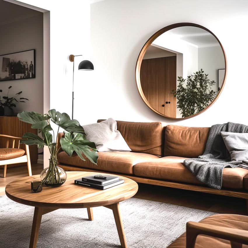 Large-mounted mirror accent and tan sofa