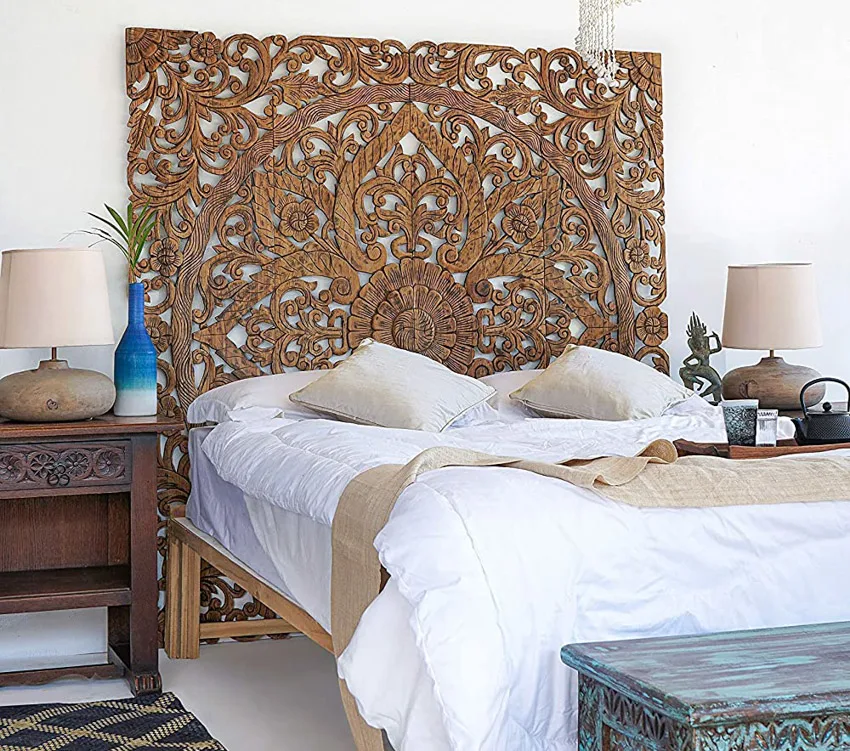 Abstract style headboard bedroom lamp rug indoor plant