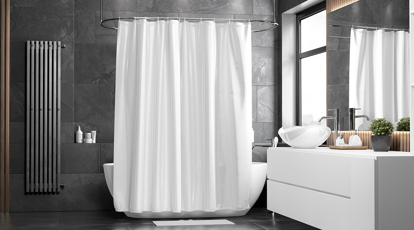 Apartment toilet and bath with blank white closed shower curtain and screen blind slip on ensuite in indoor furniture template