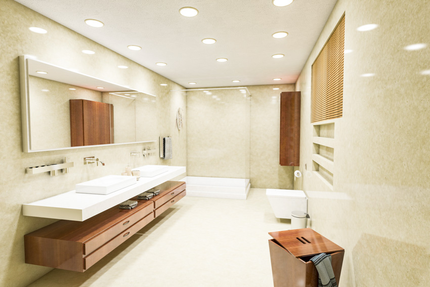 Bathroom with wide mirror, floating shelves and marble walls