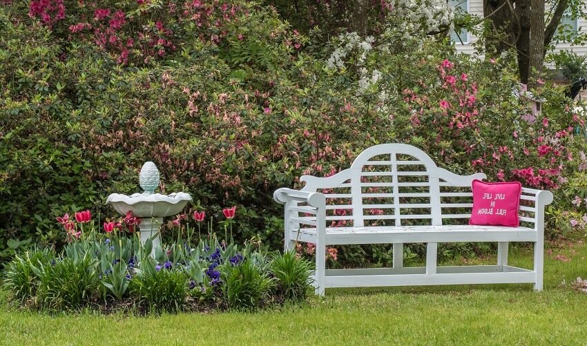 Beautiful garden with flowers and a white bench