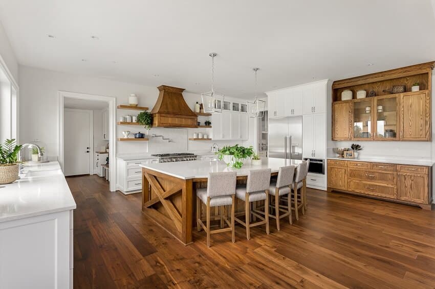 Beautiful kitchen in new luxury home with island pendant lights and hardwood floors 