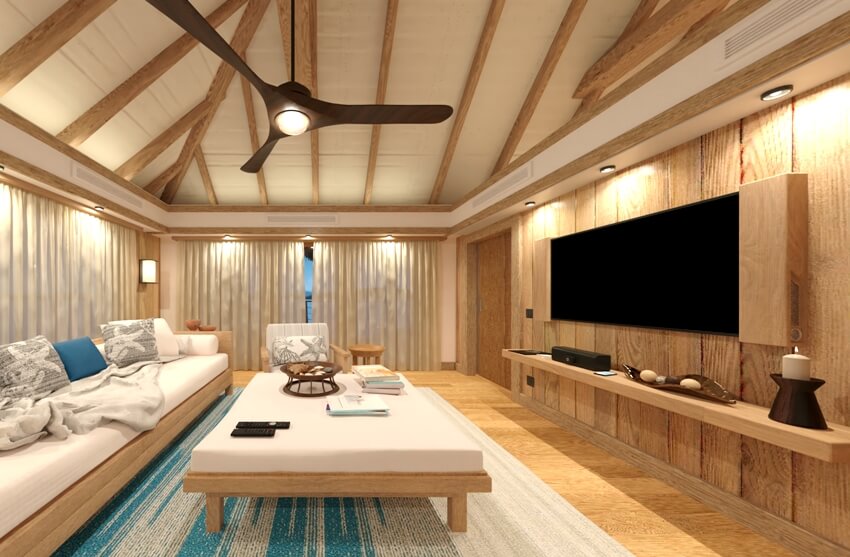 Beautiful wooden house interior with furniture
