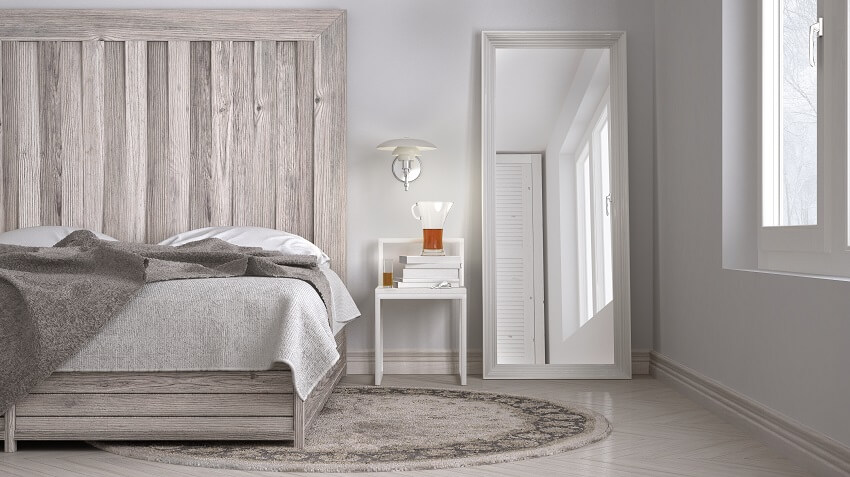 Bedroom bed with wooden headboard scandinavian white eco chic design