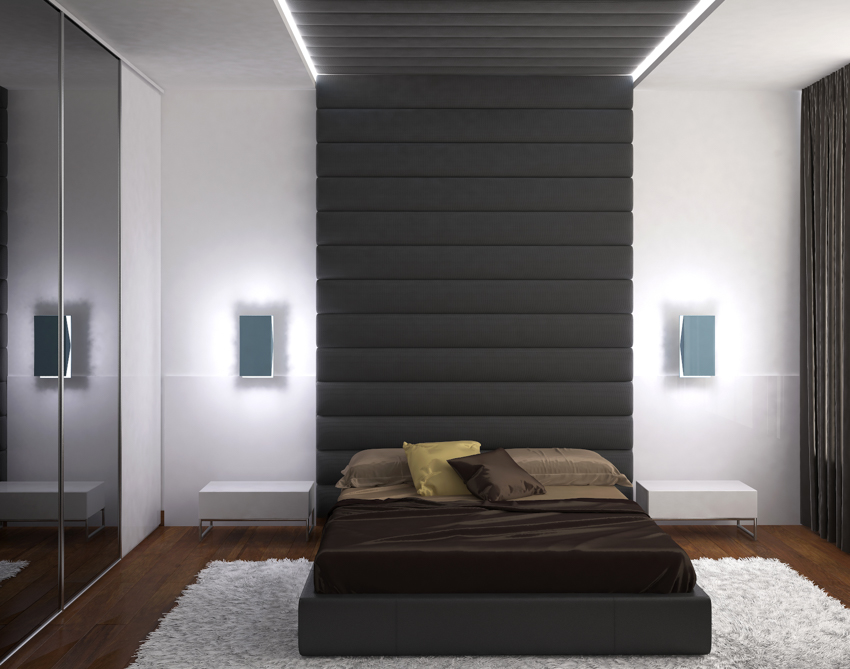 Black floor to ceiling headboard bed wood flooring rug mirror closet