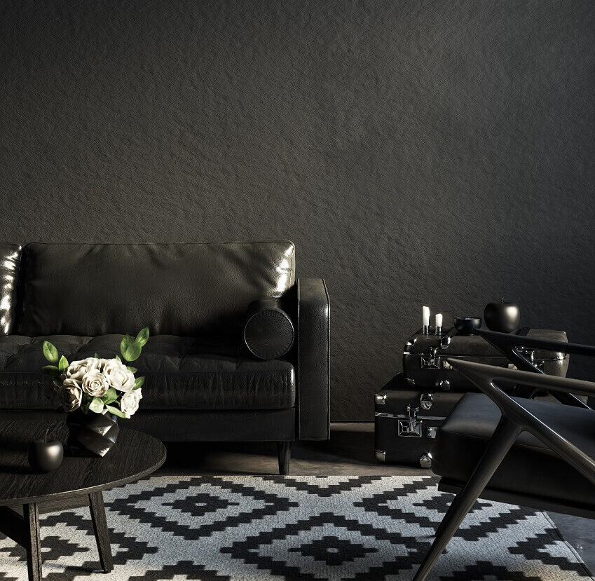 Black room interior with leather sofa and decor