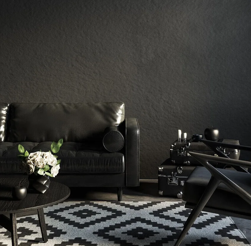 Black room interior with leather sofa and decor