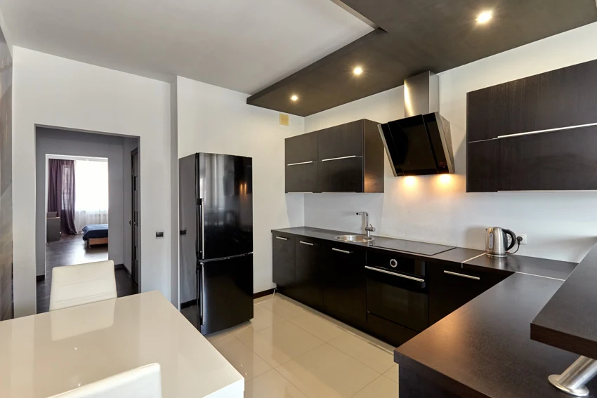 Black stainless steel appliances and kitchen cabinets