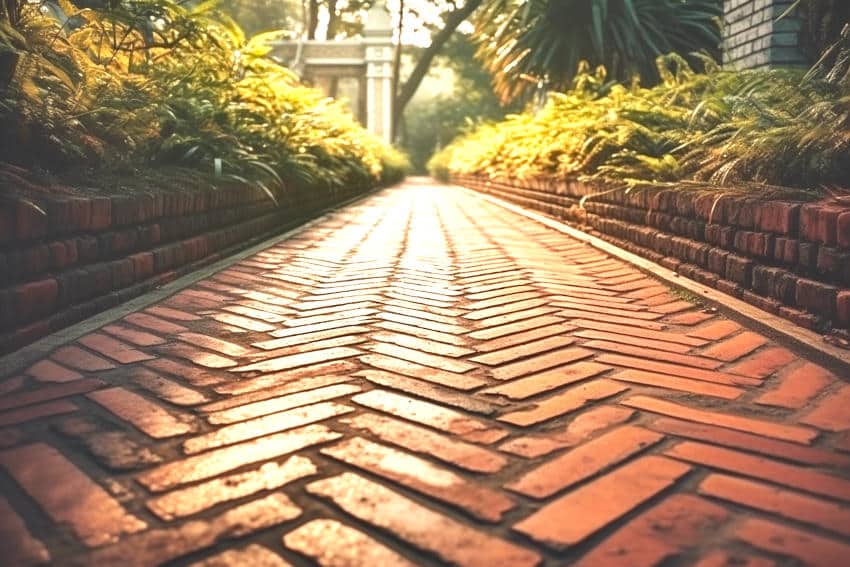 Brick worn walkway in herringbone layout