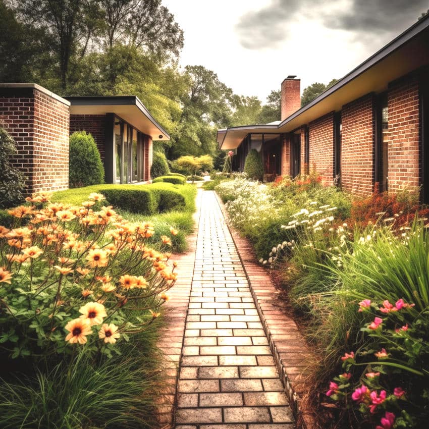Brick walkway along a garden