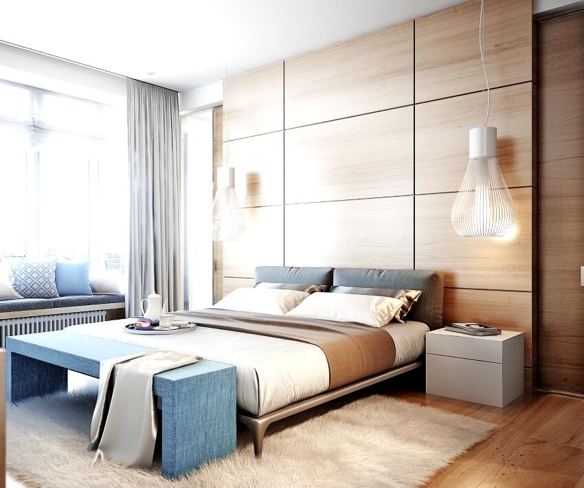 Bright and cozy modern bedroom with dressing room, large window and broad window and flat wood wall panels
