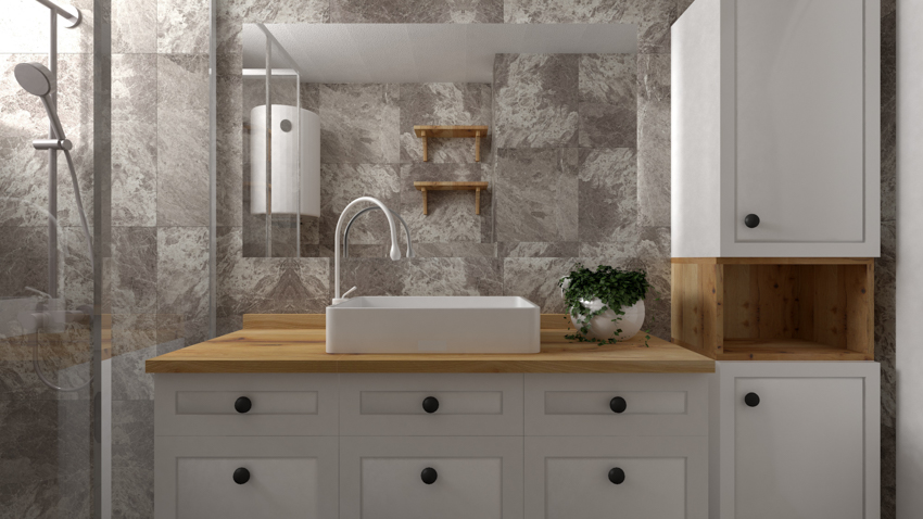 Cabinet hiding sink pipes mirror wood countertop bathroom