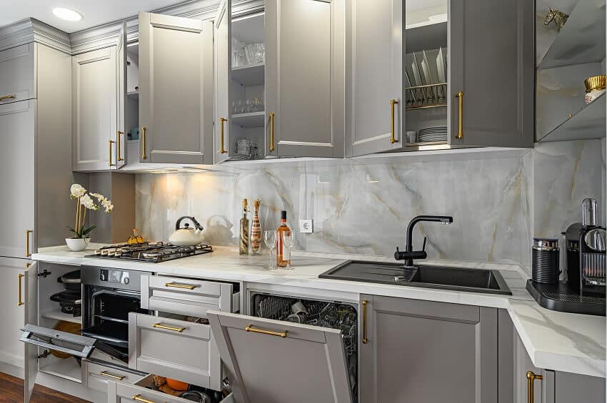 Closeup details of grey and white modern classic kitchen designed in modern style