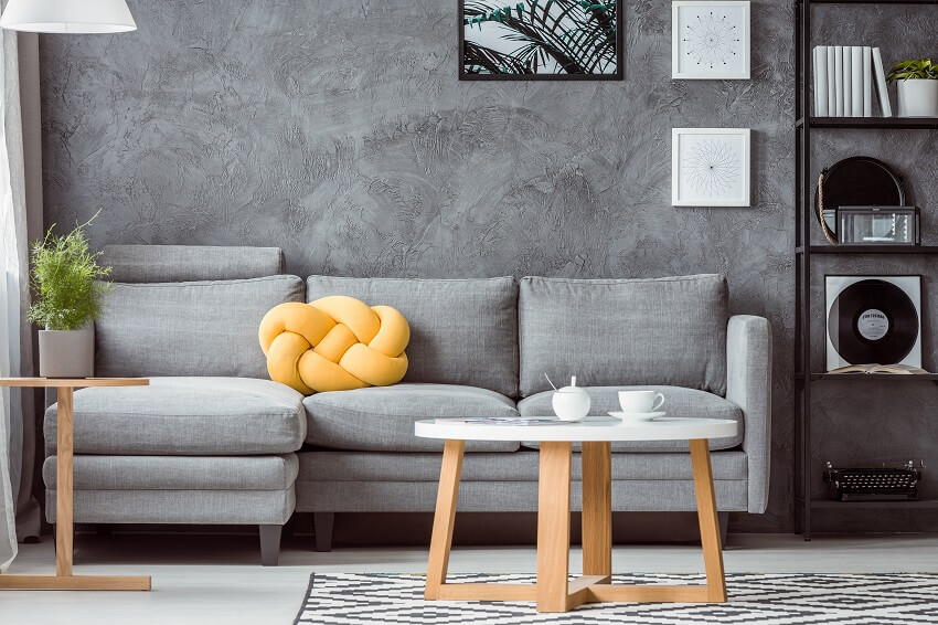 Contemporary design of cozy gray living room interior with simple sofa coffee table rack plant and yellow accent