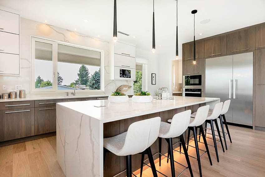 Contemporary kitchen with floating island and under cabinet lighting