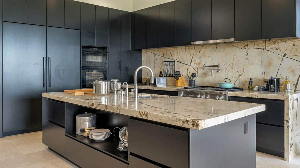 L-shaped kitchen with beige quartz slab surfaces and no handle cabinets in black 