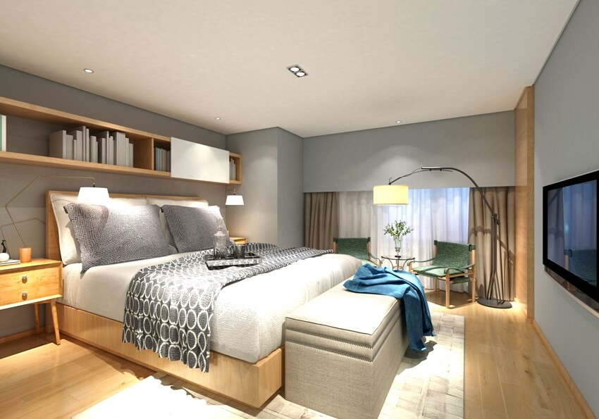Cozy modern bedroom with overhead bookshelf and nice furniture