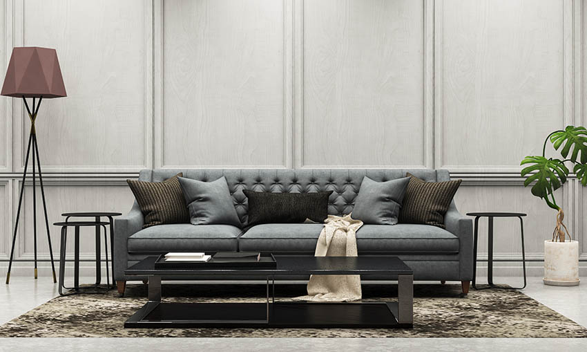 Dark gray fabric contemporary sofa with pleated back cushions black coffee table