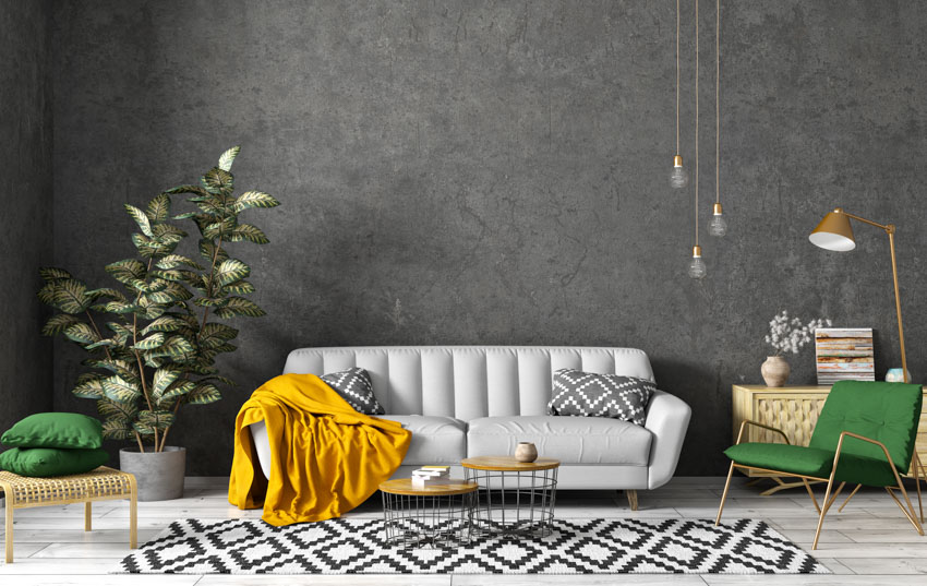 Dark gray wall white couch indoor plant
