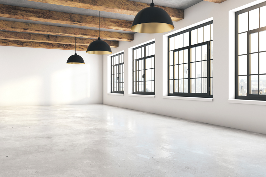 Empty interior with wooden ceiling beams hanging light black vinyl windows
