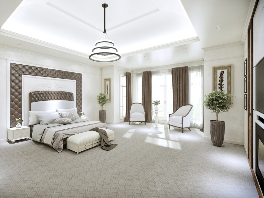 Huge modern master suite interior with large windows from floor to ceiling