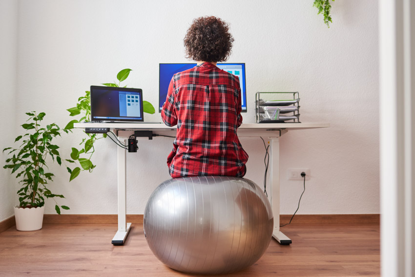 Lady sitting on exercise ball home office wood flooring indoor plant