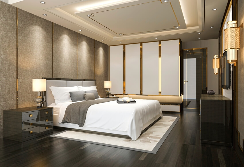 Luxury modern bedroom suite with tv and wardrobe
