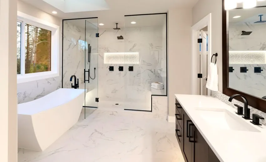 Luxury modern home bathroom interior with dark brown cabinets white marble walk in shower and free standing tub
