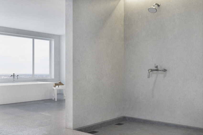 Minimalist bathroom with tadelakt. shower glass and windows
