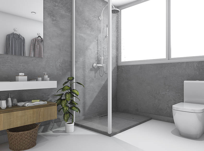 Modern designed bathroom gray tadelakt plaster finished shower