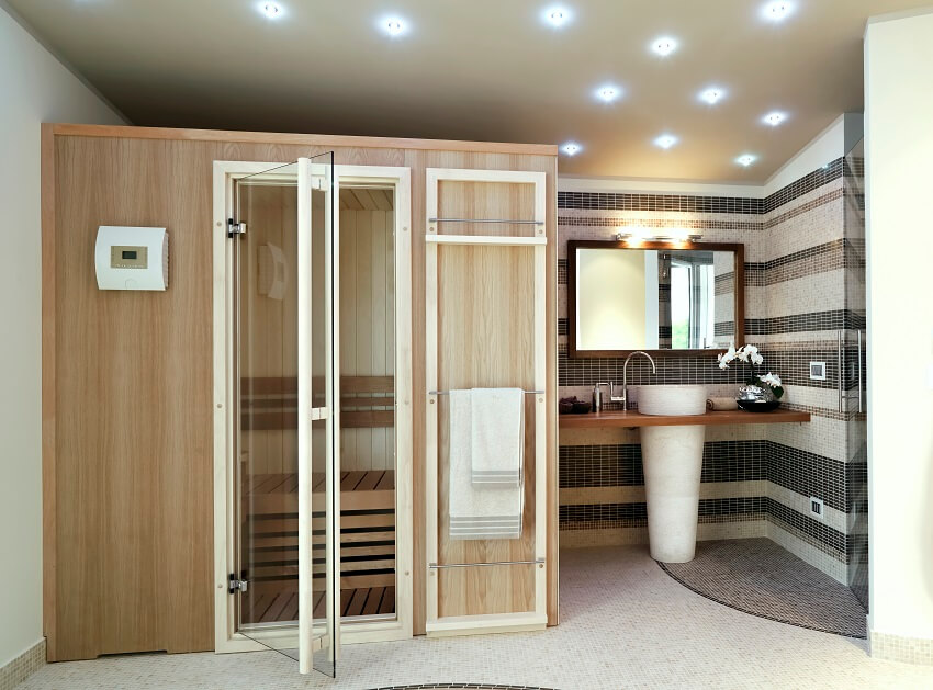 Modern bathroom with sauna and washbasin
