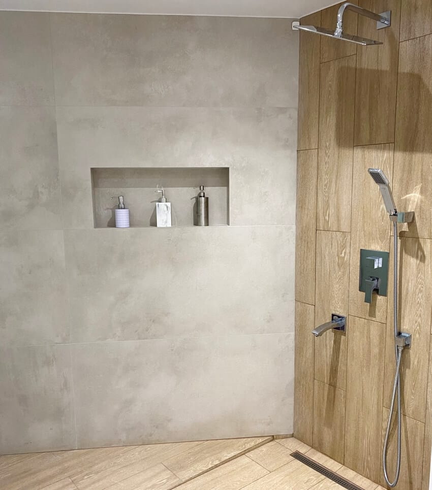Modern bathroom with wooden and cement walls