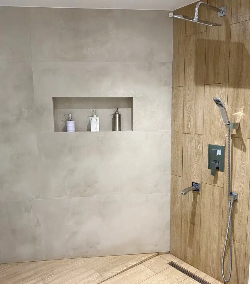 Bathroom with wooden and cement walls