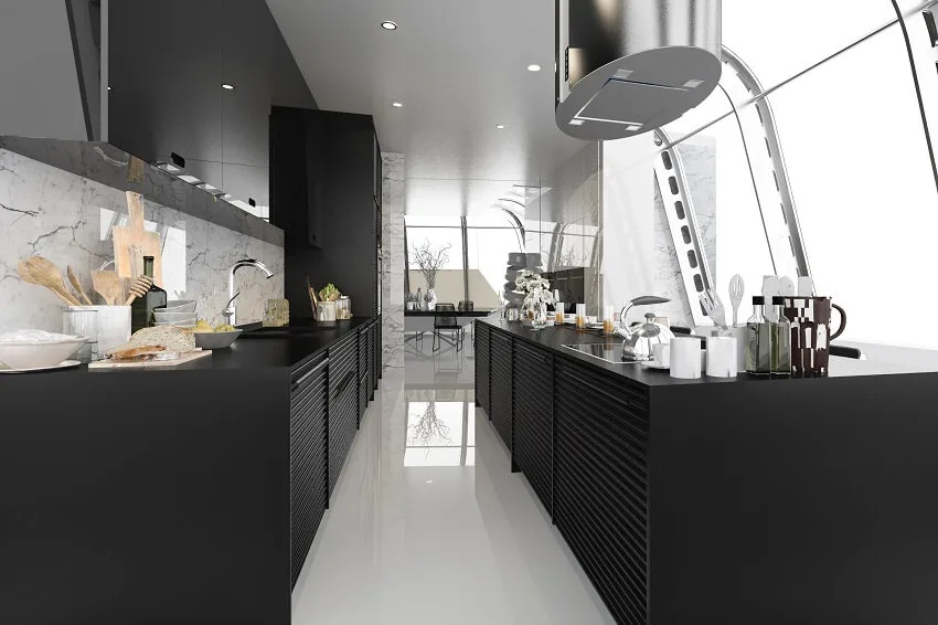 Modern black kitchen with modern wood built in