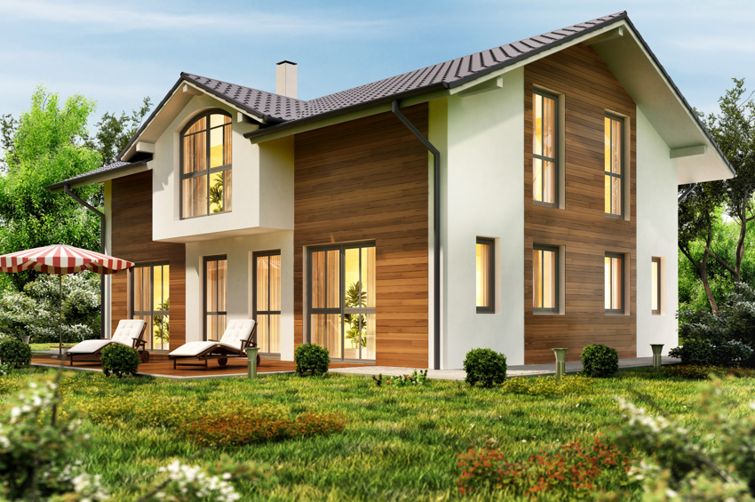 Modern house with horizontal wood siding glass windows landscaped area