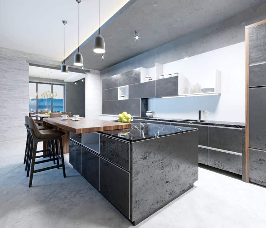 Modern industrial kitchen with long kitchen island with a wooden top of the bar and chairs