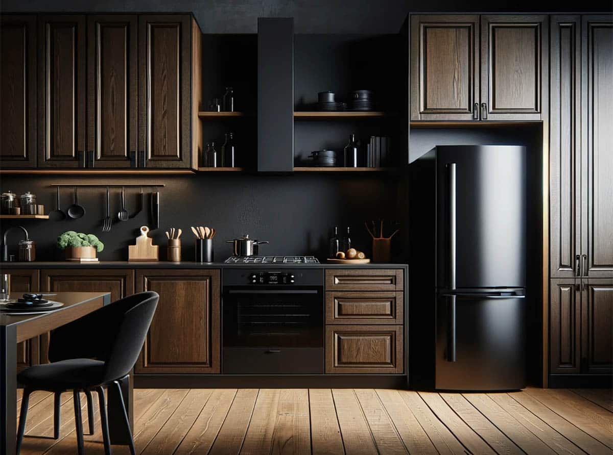 Dark raised panel cabinets, solid state countertop, black appliances 