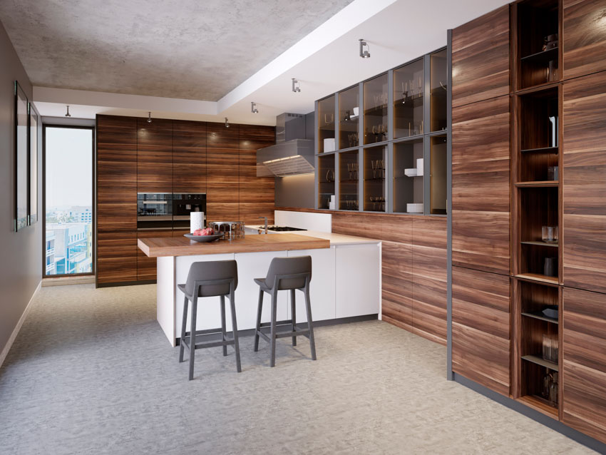 Modern kitchen floating center island wood cabinets dining area