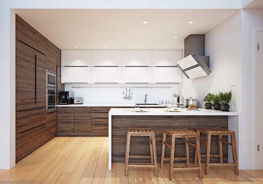 Kitchen space with bar stools and wood floor