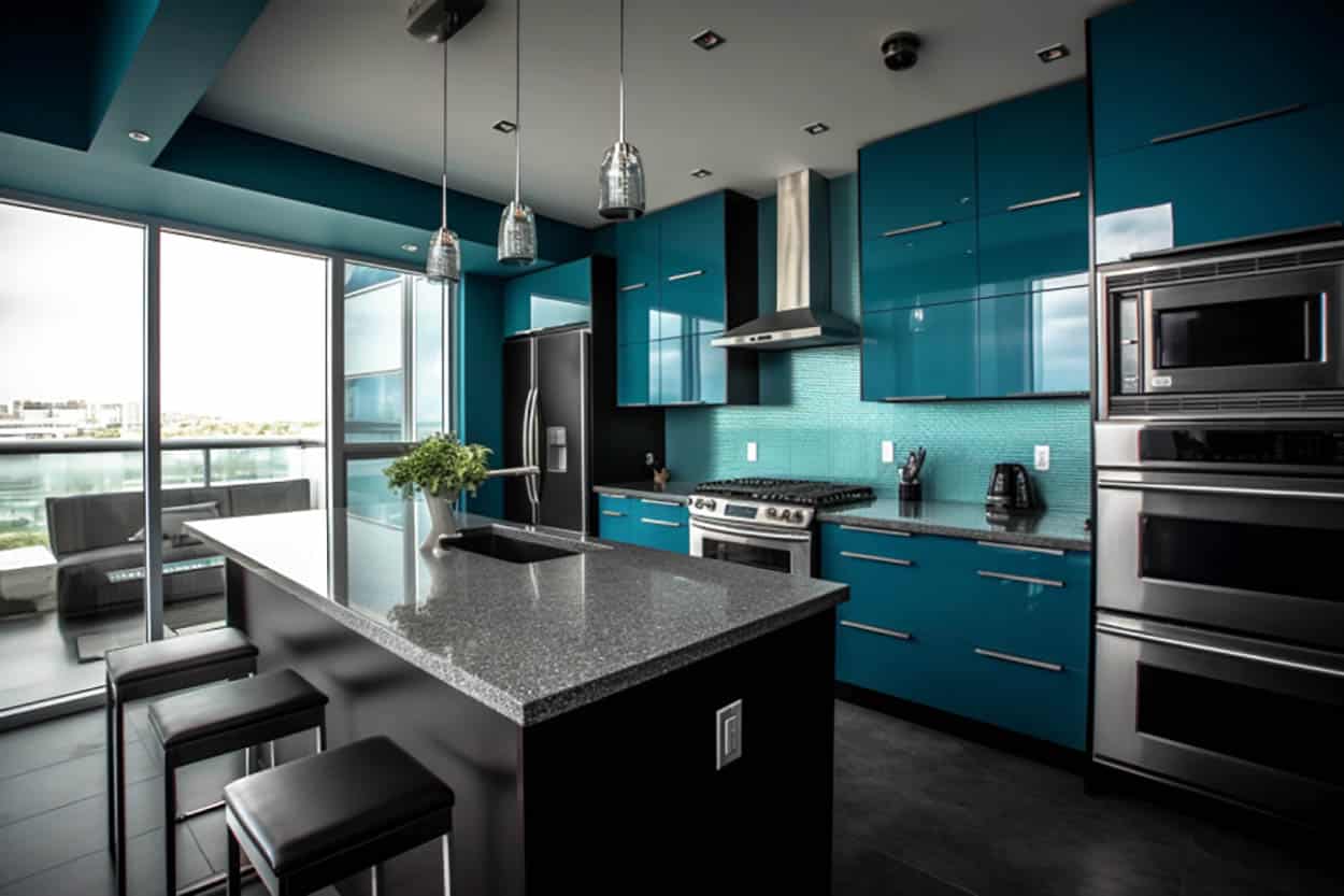 blue doors and gray framed cabinets