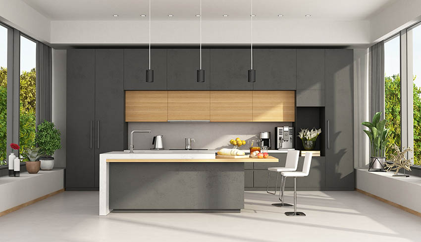 Modern kitchen with floating island dark gray cabinets