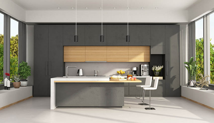 Modern Kitchen With Floating Island Dark Gray Cabinets Is 